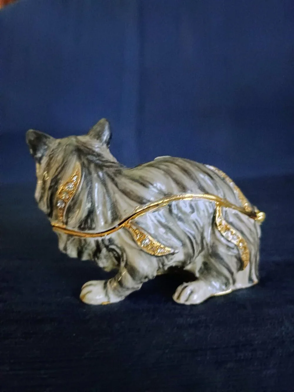 Grey Cat Jeweled Enameled Trinket Box